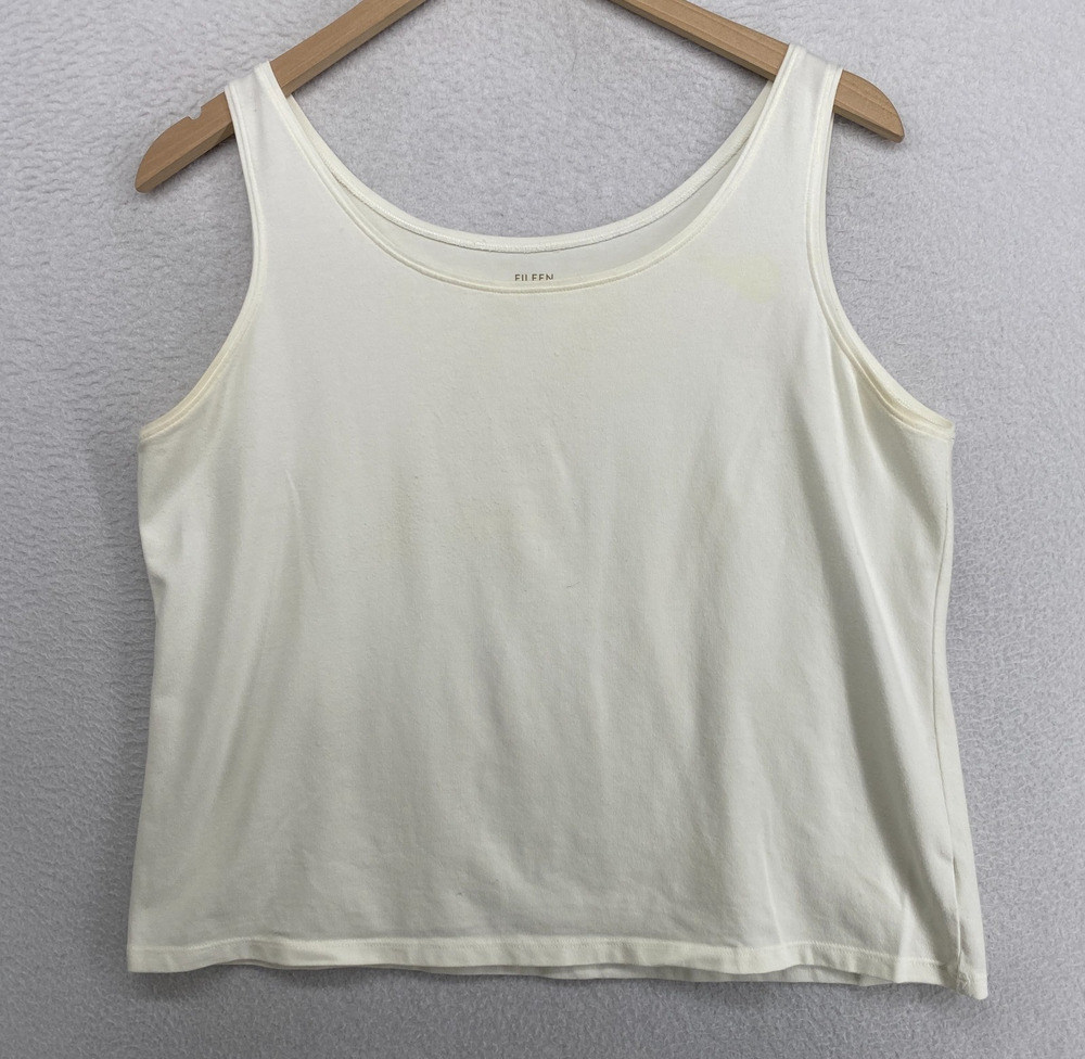 EILEEN FISHER Tank Top L Stretch Organic Cotton Jersey Scoop Neck Off White USA